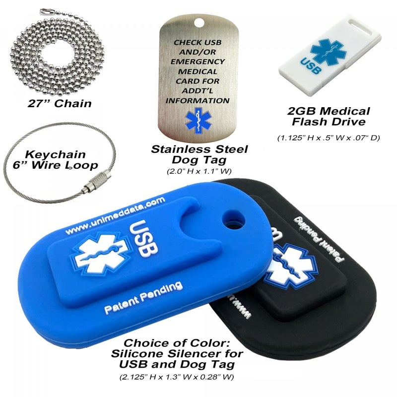 Universal Medical Data Blue Informer Lite Medical Alert Dog Tag. Includes: 2GB USB, Pre-Engraved Stainless-Steel Dog Tag, 27" Chain and Key Ring Wire Rope. Complimentary Access PHR (Personal Health Record) - Image 2